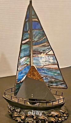 Quoizel 13 Stained Glass Sculptured Bronze Sailboat Tiffany Style Lamp Light