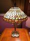 Quoizel Stained Glass Lamp With Double Bulb & Geometric Design Vintage Rare-great