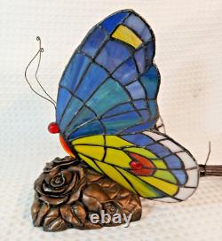 Quoizel Tiffany Style Butterfly Lamp Stained Glass On Bronze Rose Base Art Deco