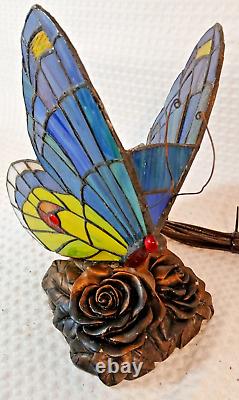 Quoizel Tiffany Style Butterfly Lamp Stained Glass On Bronze Rose Base Art Deco