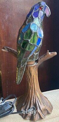 RARE Vintage Tiffany Style Stained Glass Parrot Bird On Branch Lamp Multi Color