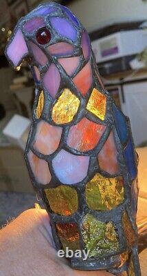 RARE Vintage Tiffany Style Stained Glass Parrot Bird On Branch Lamp Multi Color