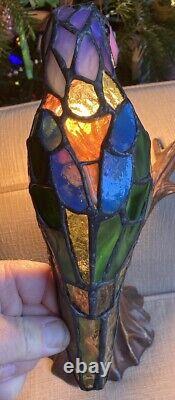 RARE Vintage Tiffany Style Stained Glass Parrot Bird On Branch Lamp Multi Color