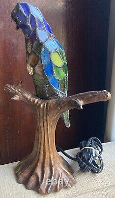 RARE Vintage Tiffany Style Stained Glass Parrot Bird On Branch Lamp Multi Color