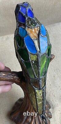 RARE Vintage Tiffany Style Stained Glass Parrot Bird On Branch Lamp Multi Color