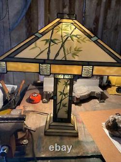Rare Hand Painted Bamboo Asian Design Stained Glass Tiffany Style Table Lamp