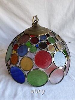 Rare Vtg Multicolor MCM Stained Glass Round / Circle Stained Glass Hanging lamp