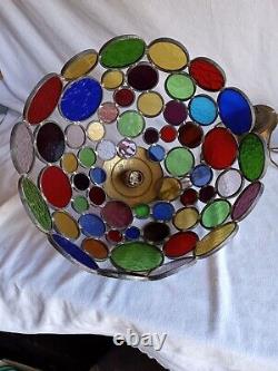 Rare Vtg Multicolor MCM Stained Glass Round / Circle Stained Glass Hanging lamp