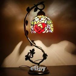 Red Rose Tiffany Style Table Lamp Bedroom Living Room Light Stained Glass Desk