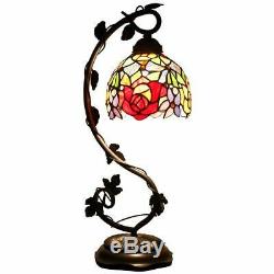 Red Rose Tiffany Style Table Lamp Bedroom Living Room Light Stained Glass Desk