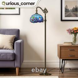 Retro Tiffany Floor Lamp with Adjustable Gooseneck & Blue Stained Glass Shade