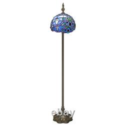 Retro Tiffany Floor Lamp with Adjustable Gooseneck & Blue Stained Glass Shade