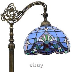 Retro Tiffany Floor Lamp with Adjustable Gooseneck & Blue Stained Glass Shade