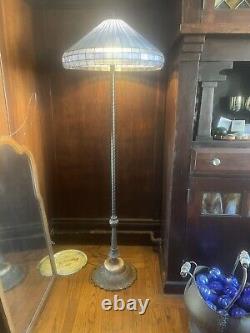 Retro marble base floor lamp with stained blue glass shade