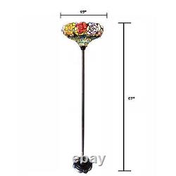 Rose Floral Theme Tiffany Style Stained Glass Traditional Torchiere Floor Lamp