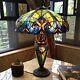 Round Table Lamp Tiffany Style Stained Glass Lit Base 2 Light Vintage Beige Blue