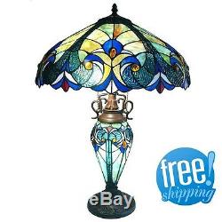 Round Table Lamp Tiffany Style Stained Glass Lit Base 2 Light Vintage Beige Blue