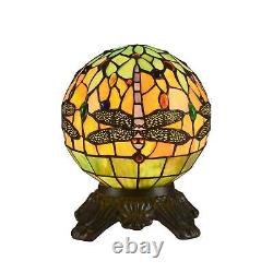 Round Tiffany Style Dragonfly Dark Bronze Stained Glass Accent Table Lamp 10In