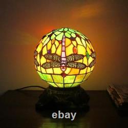 Round Tiffany Style Dragonfly Dark Bronze Stained Glass Accent Table Lamp 10In