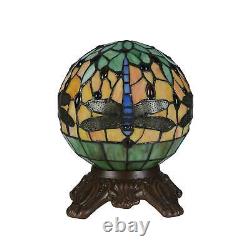 Round Tiffany Style Dragonfly Dark Bronze Stained Glass Accent Table Lamp 10In