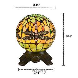 Round Tiffany Style Dragonfly Dark Bronze Stained Glass Accent Table Lamp 10In