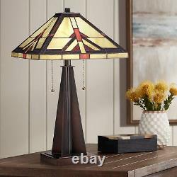 Rustic Accent Table Lamp Bronze Tiffany Style Art Glass Shade for Living Room