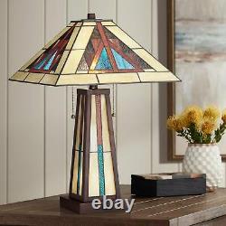 Rustic Accent Table Lamp with Nightlight LED Bronze Tiffany Style Glass Bedroom