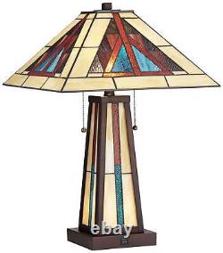 Rustic Accent Table Lamp with Nightlight LED Bronze Tiffany Style Glass Bedroom