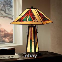 Rustic Accent Table Lamp with Nightlight LED Bronze Tiffany Style Glass Bedroom