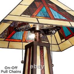 Rustic Accent Table Lamp with Nightlight LED Bronze Tiffany Style Glass Bedroom