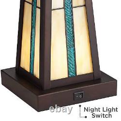 Rustic Accent Table Lamp with Nightlight LED Bronze Tiffany Style Glass Bedroom