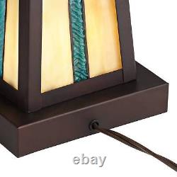 Rustic Accent Table Lamp with Nightlight LED Bronze Tiffany Style Glass Bedroom