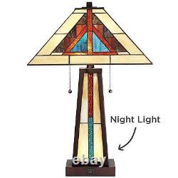 Rustic Accent Table Lamp with Nightlight LED Bronze Tiffany Style Glass Bedroom