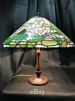 SALE! Antique HANDEL Bronze Lamp & Lotus Shade Art Nouveau Leaded Stained Glass