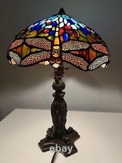 STUNNING! Dale Tiffany Large Heavy Metal REVES Stained Glass Dragonfly Lamp