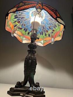 STUNNING! Dale Tiffany Large Heavy Metal REVES Stained Glass Dragonfly Lamp