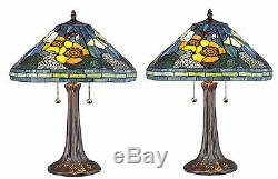 Set of 2 Tiffany Style Golden Poppy Table Lamps Handcrafted 16 Shade