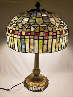 Signed Ornate Antique Chicago Mosaic Lamp Co. Leaded Stained Glass Lamp WORKS