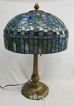 Signed Ornate Antique Chicago Mosaic Lamp Co. Leaded Stained Glass Lamp WORKS