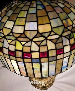 Signed Ornate Antique Chicago Mosaic Lamp Co. Leaded Stained Glass Lamp WORKS