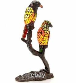 Small Accent Table Lamp Tiffany Style Birds Side Blue Yellow Decorative Glass