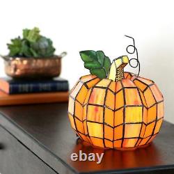 Small Orange Pumpkin Shaped Stained Glass Accent Lamp Autumn Centerpiece Decor