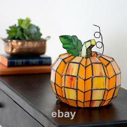 Small Orange Pumpkin Shaped Stained Glass Accent Lamp Autumn Centerpiece Decor