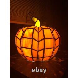 Small Orange Pumpkin Shaped Stained Glass Accent Lamp Autumn Centerpiece Decor