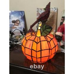 Small Orange Pumpkin Shaped Stained Glass Accent Lamp Autumn Centerpiece Decor