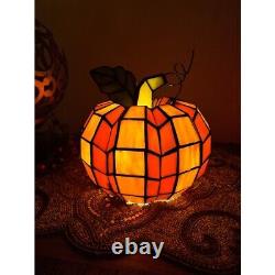 Small Orange Pumpkin Shaped Stained Glass Accent Lamp Autumn Centerpiece Decor