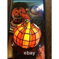 Small Orange Pumpkin Shaped Stained Glass Accent Lamp Autumn Centerpiece Decor