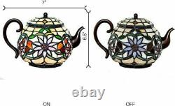 Small Table Lamp Tiffany Style Accent Teapot Floral Kitchen Farm Country 6.5H