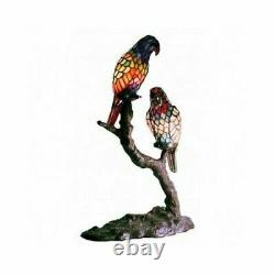 Small Table Lamp Tiffany Style Accent Tropical Exotic Birds Parrots Stain Glass