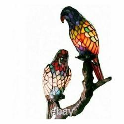 Small Table Lamp Tiffany Style Accent Tropical Exotic Birds Parrots Stain Glass